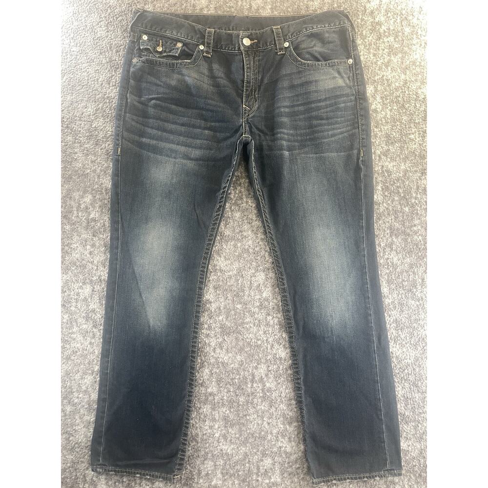 True Religion Earthworm Straight Flap Medium Wash Denim Blue Jeans Men's 42x33